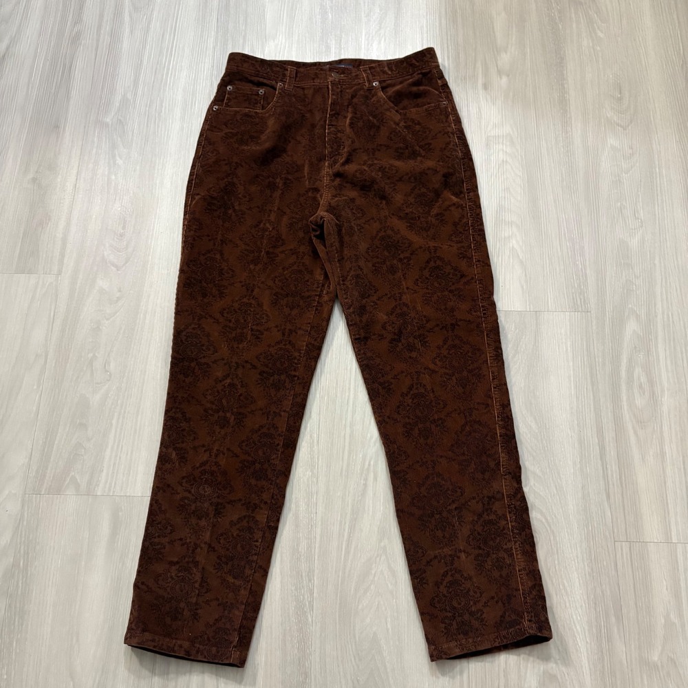 Bill Blass Vintage Jeans Women Brown Damask Floral Corduroy Stretch High Rise 12